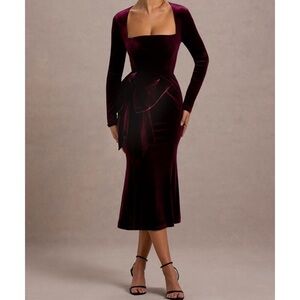 Black and Red Midi velvet with Long Sleeves and Square Neckline